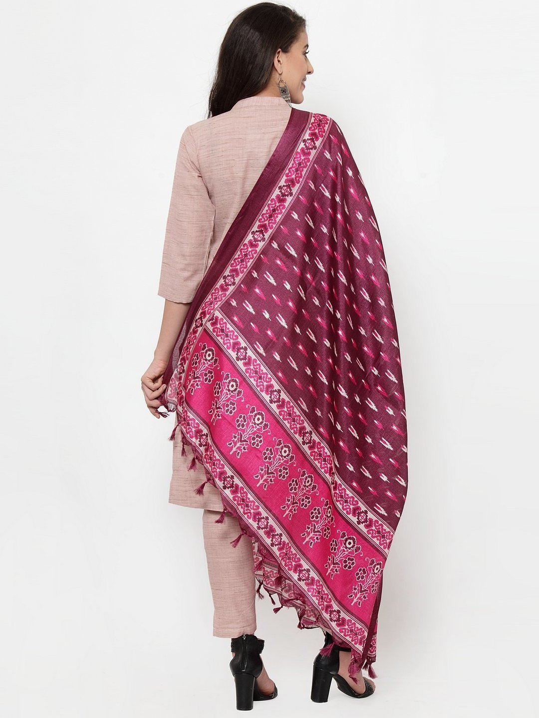 Indian Pink Solid Cotton Kurta With Trousers And Dupatta