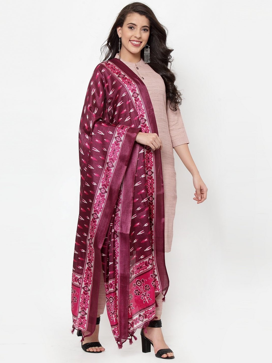 Indian Pink Solid Cotton Kurta With Trousers And Dupatta