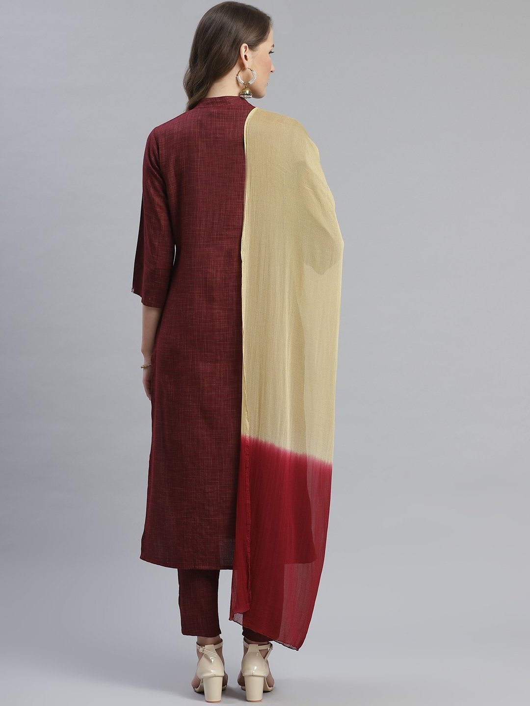 Indian Burgundy And Beige Self Checked Kurta With Trousers And Dupatta