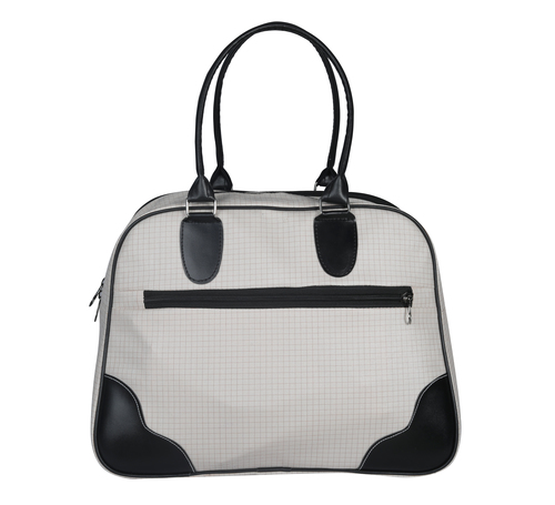 Leatherette Duffle Bag - PU Leather & Cotton Canvas, 15x12x9 Inch, White & Black | Ideal for Travel, Yoga, Maternity, Gym - Folds Flat for Easy Storage