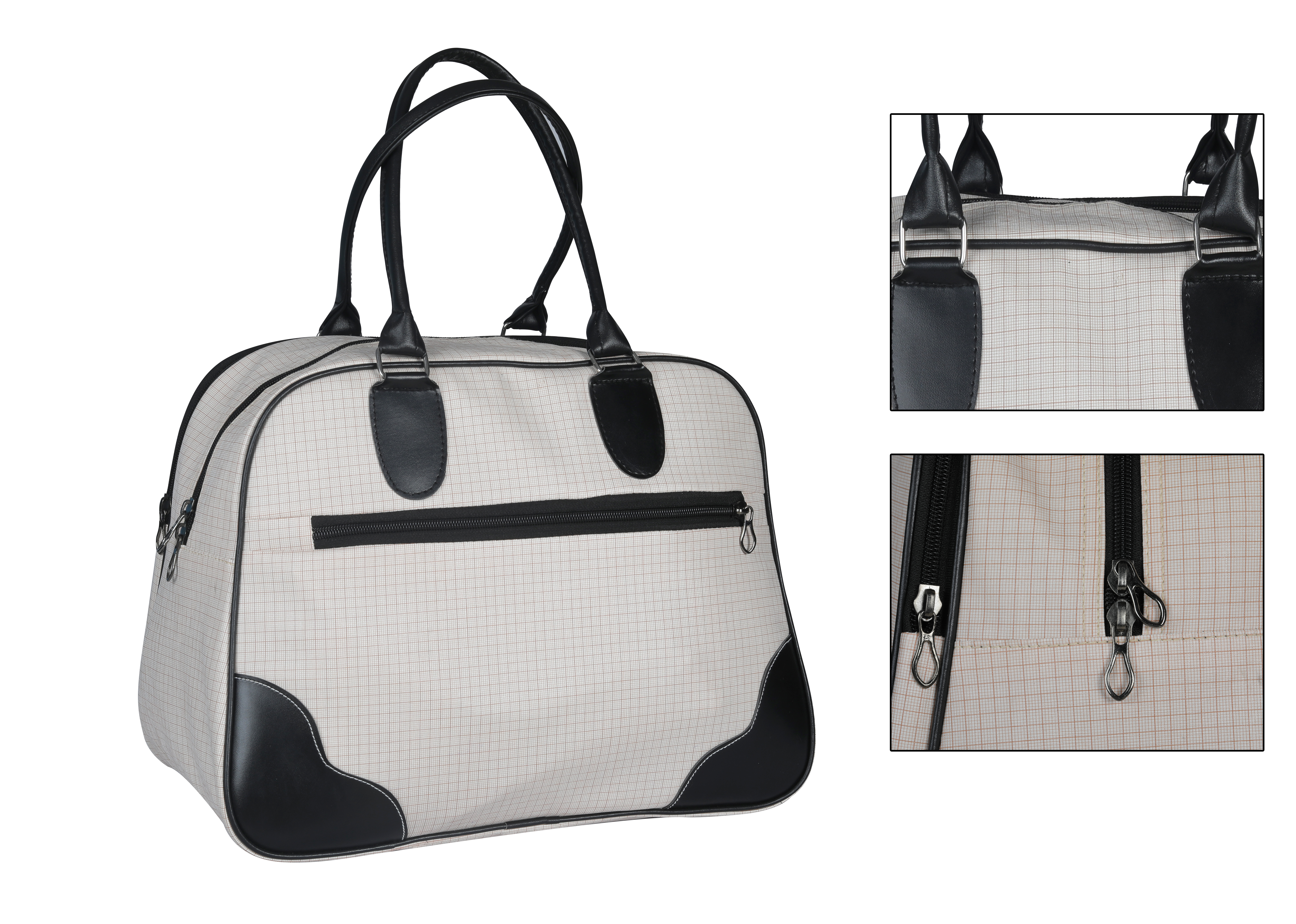 Leatherette Duffle Bag - Pu Leather & Cotton Canvas, 15x12x9 Inch, White & Black | Ideal For Travel, Yoga, Maternity, Gym - Folds Flat For Easy Storage