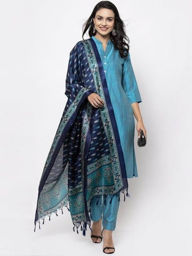 Indian Blue Self-Striped Kurta With Trousers And Dupatta
