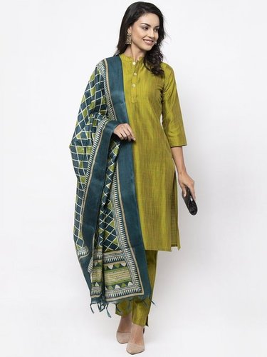 Green Self-Striped Kurta Set - Cotton Silk Blend, 42 Inch Length, Printed Dupatta, Short Sleeves, Washable, Available in S-XXL