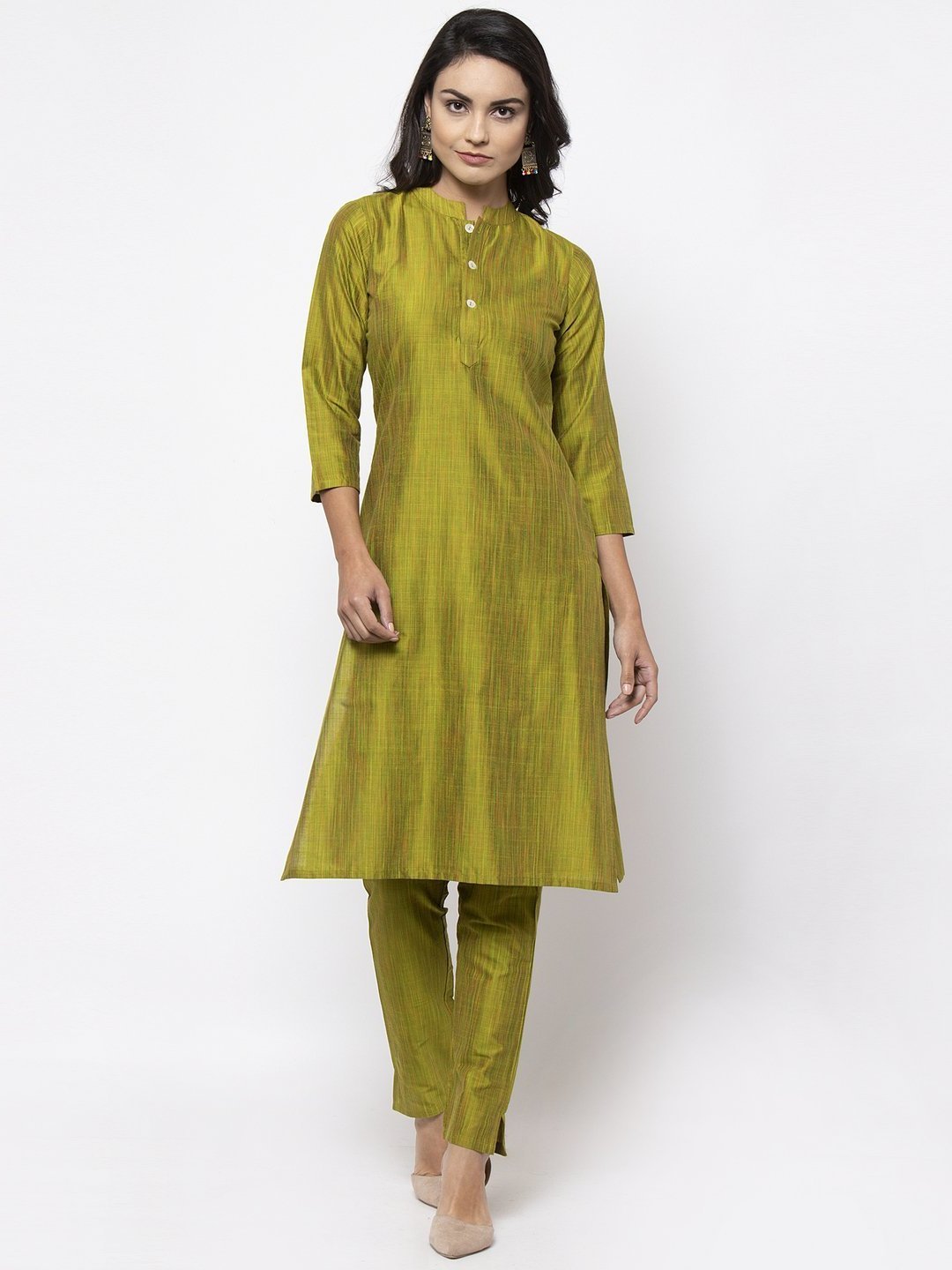 Green Self-striped Kurta Set - Cotton Silk Blend, 42 Inch Length, Printed Dupatta, Short Sleeves, Washable, Available In S-xxl