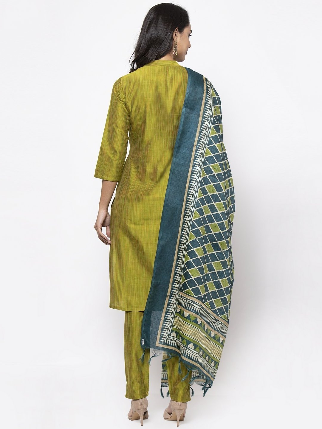 Green Self-striped Kurta Set - Cotton Silk Blend, 42 Inch Length, Printed Dupatta, Short Sleeves, Washable, Available In S-xxl