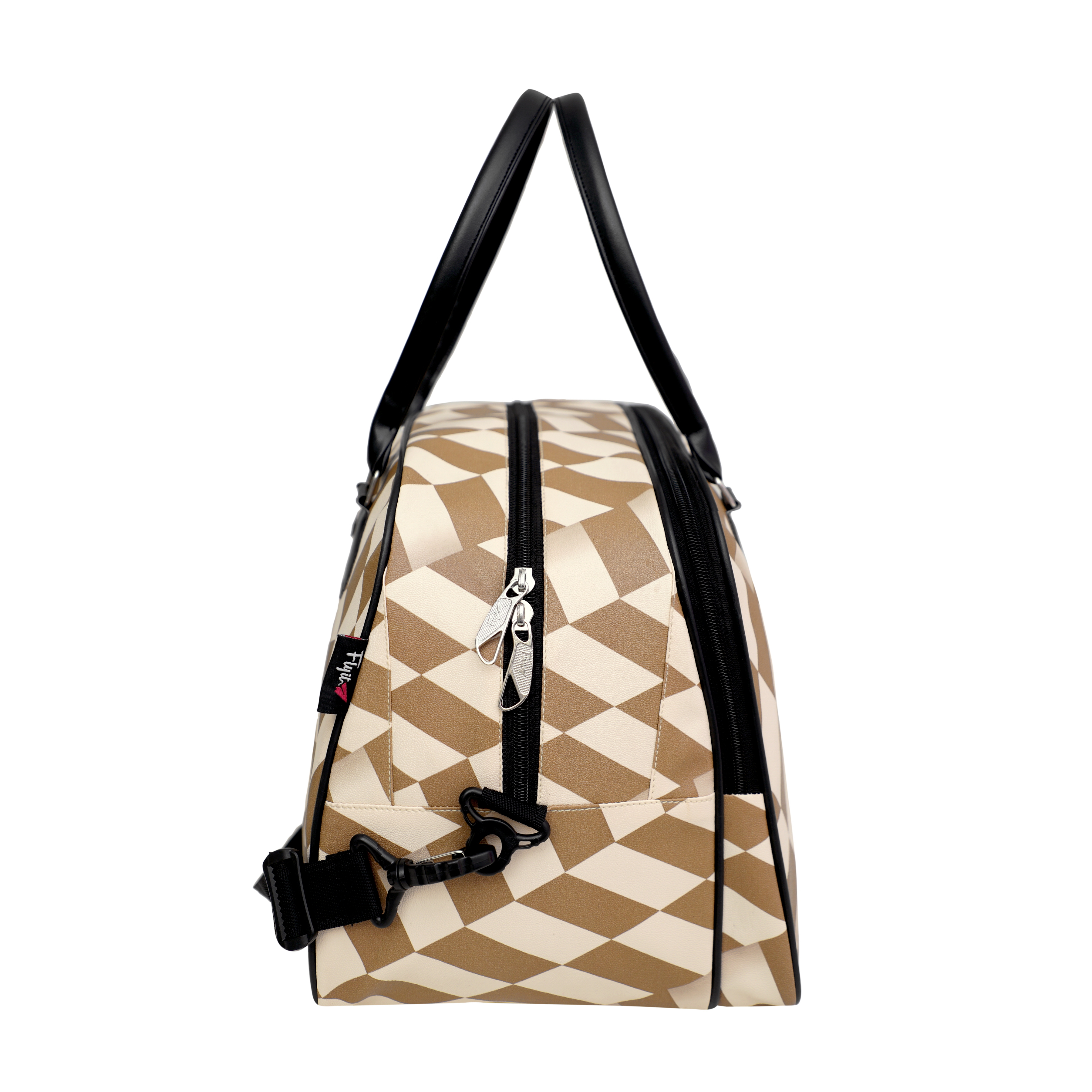 Zigzag Printed Duffle Bag - Leather, 15 X 12 X 9 Inch, Cream With Gold , 25l Capacity, Multiple Compartments, Zip And Closure, Customizable Handles