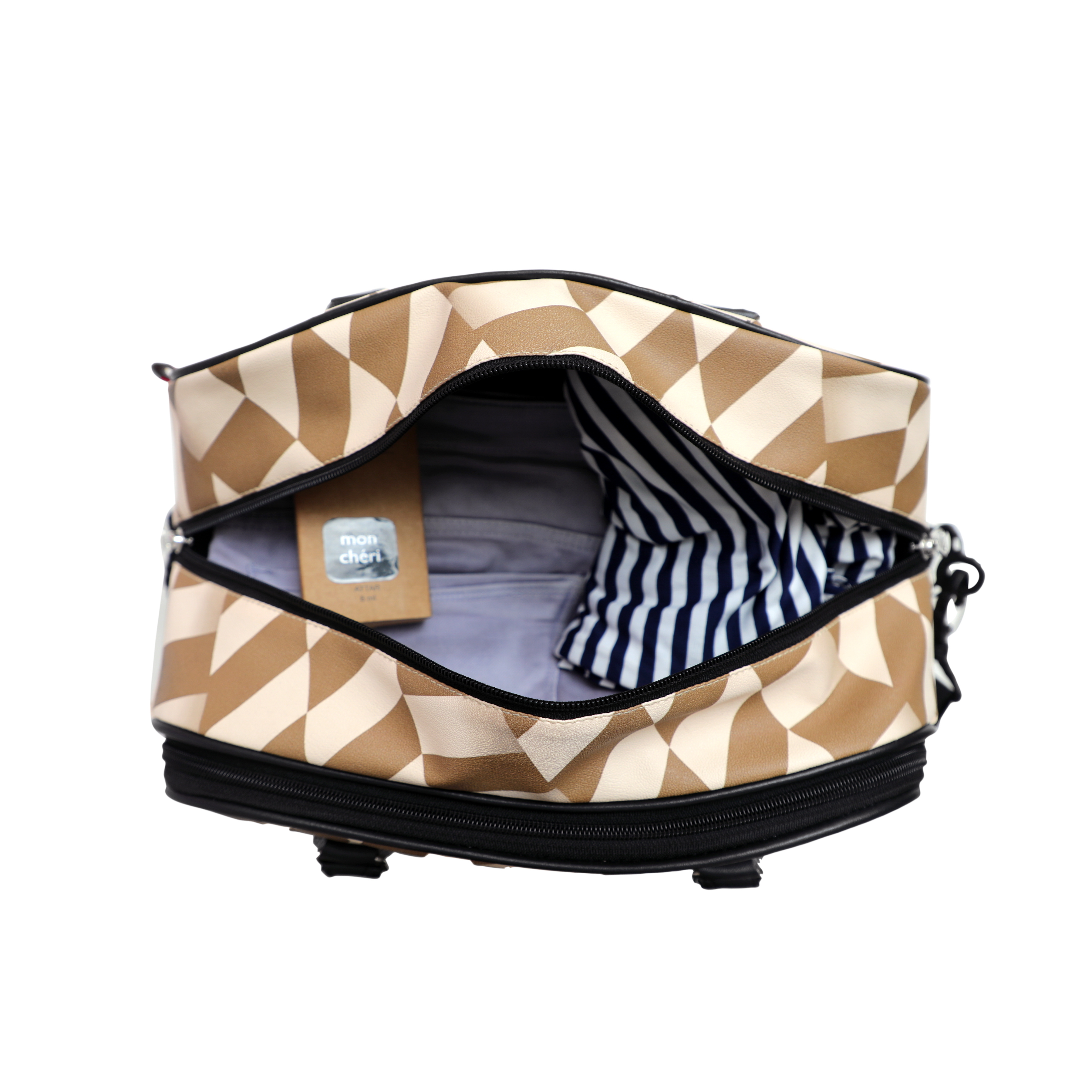 Zigzag Printed Duffle Bag - Leather, 15 X 12 X 9 Inch, Cream With Gold , 25l Capacity, Multiple Compartments, Zip And Closure, Customizable Handles
