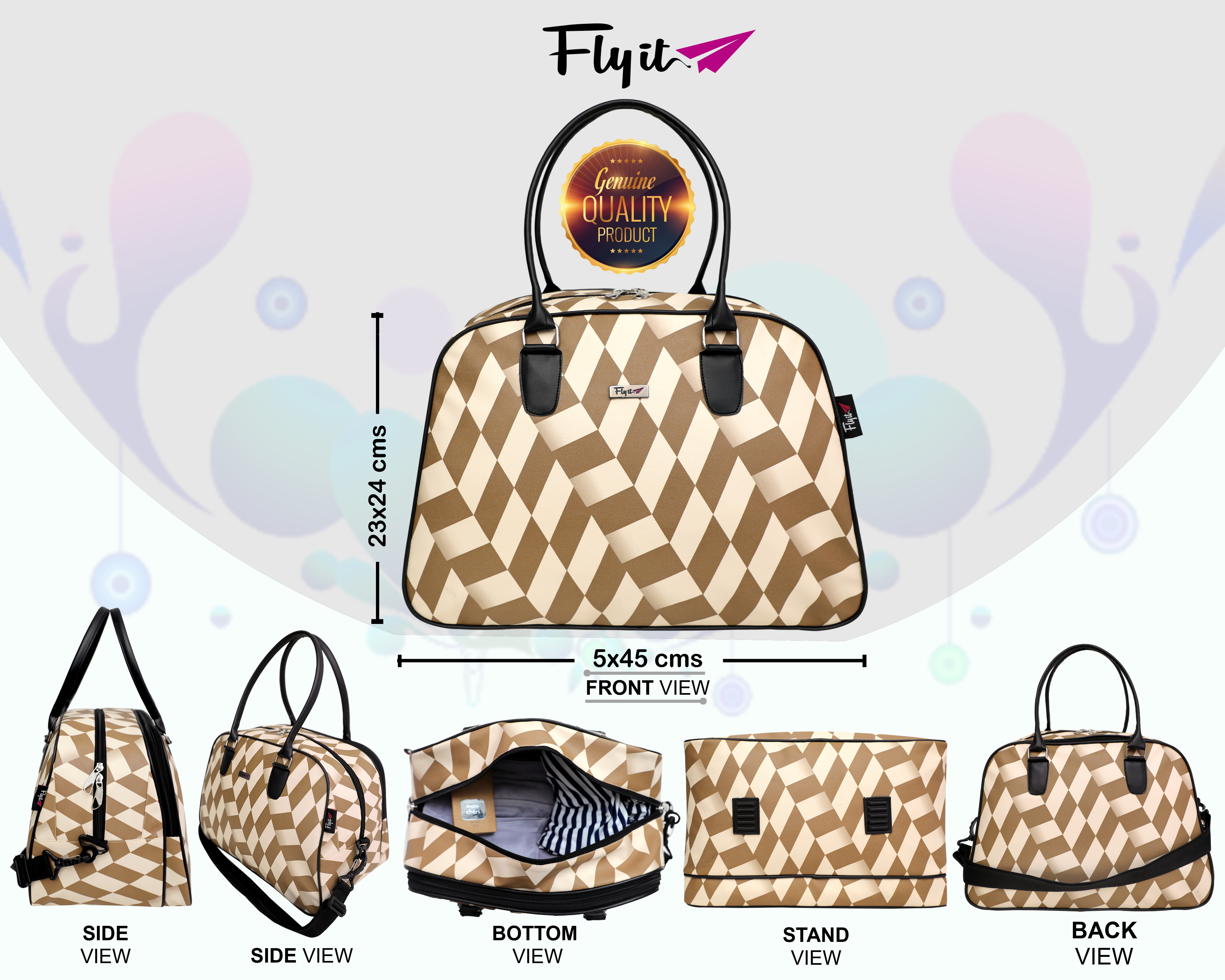Zigzag Printed Duffle Bag - Leather, 15 X 12 X 9 Inch, Cream With Gold , 25l Capacity, Multiple Compartments, Zip And Closure, Customizable Handles