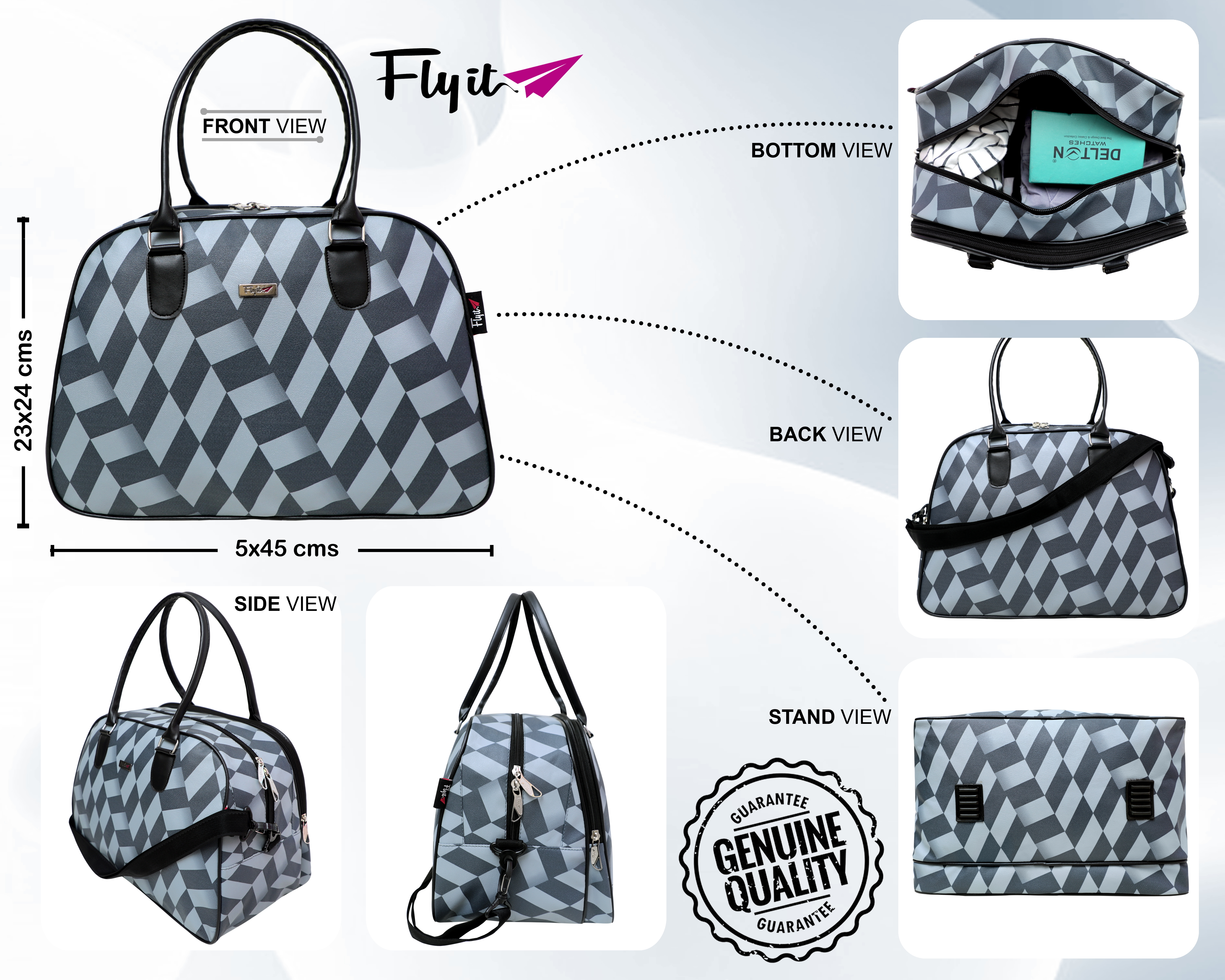 Grey Zigzag Duffle Bag - Leather, 15 X 12 X 9 Inches | 25 Liter Capacity, Grey Color, Zigzag Design, Compartments, Zip Closure, 400 Grams