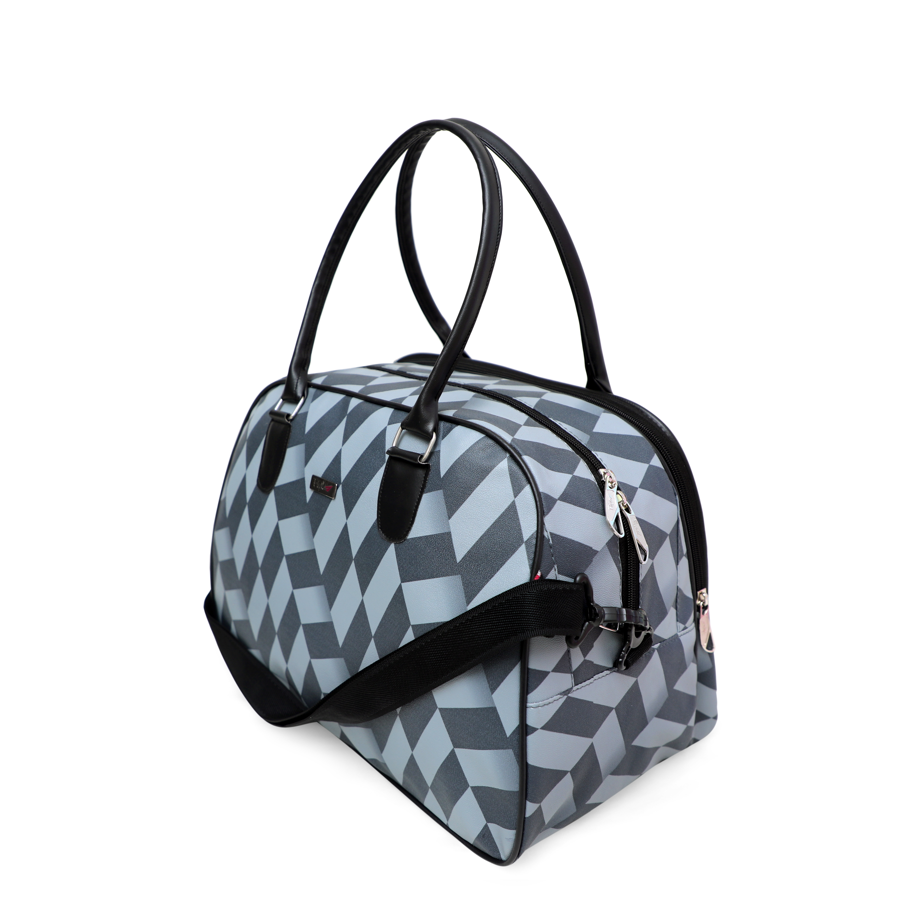 Grey Zigzag Duffle Bag - Leather, 15 X 12 X 9 Inches | 25 Liter Capacity, Grey Color, Zigzag Design, Compartments, Zip Closure, 400 Grams