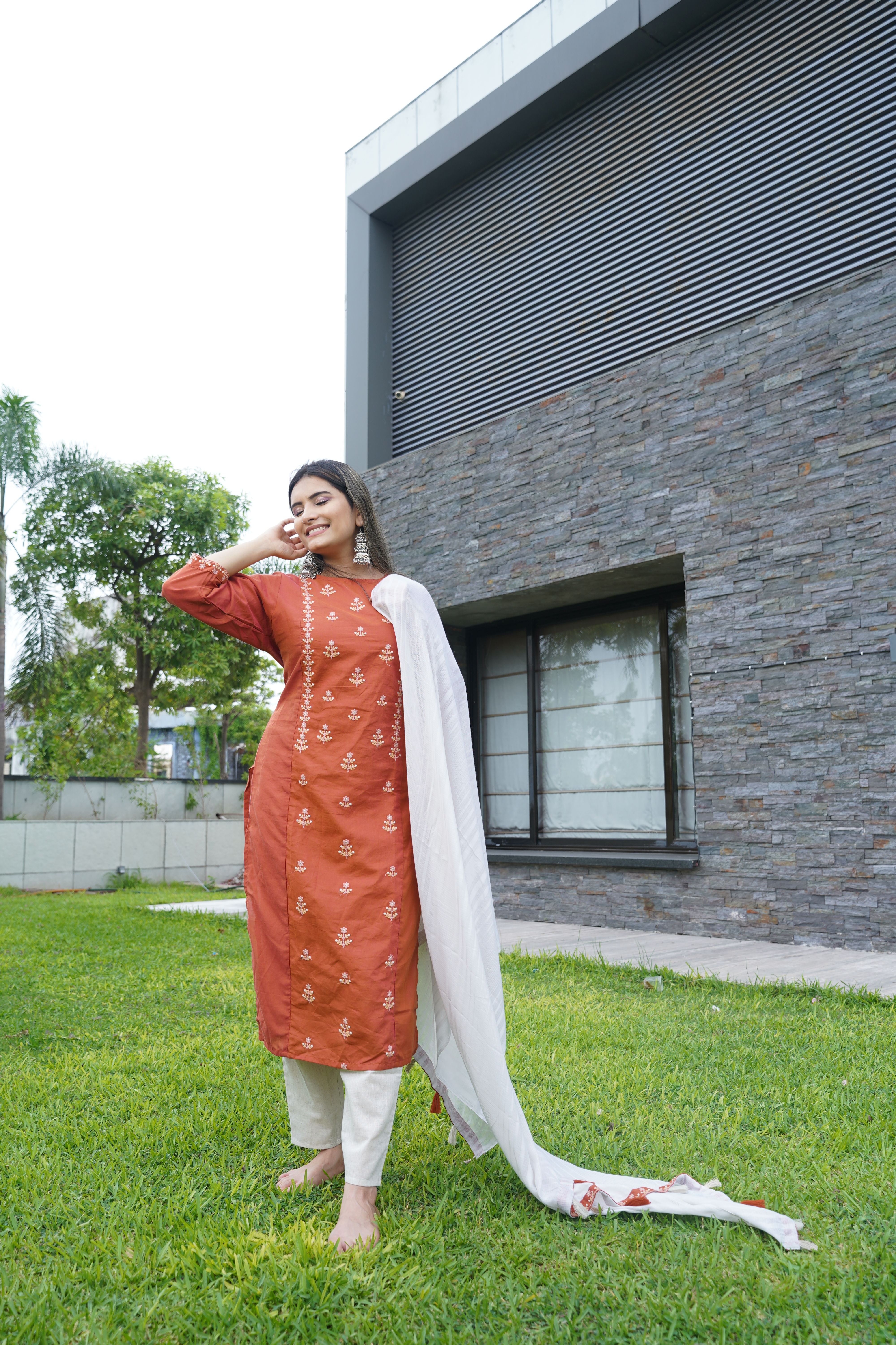 Dark Orange Ladies Micro Embroidery Kurta