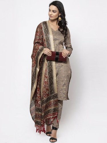 Indian Grey Striped Kurta With Trousers And Dupatta