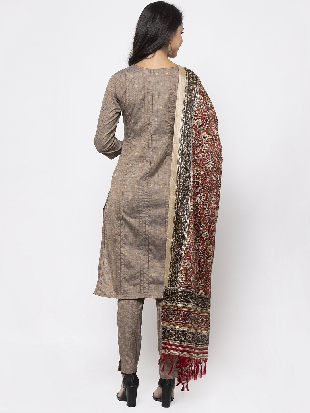 Indian Grey Striped Kurta With Trousers And Dupatta