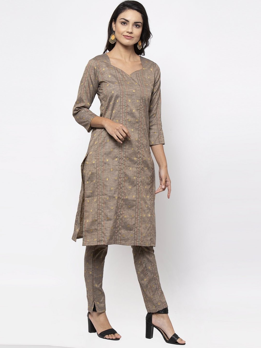 Indian Grey Striped Kurta With Trousers And Dupatta