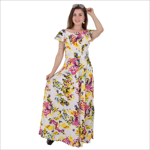 व्हाइट लेडीज़ प्रिंटेड लॉन्ग बोट नेक ड्रेस