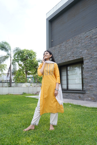 Yellow Micro Embroidery Kurta