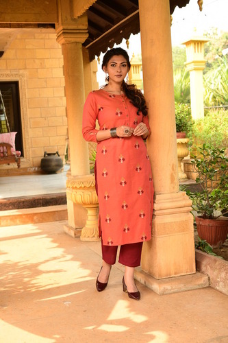 Ladies Kurta Pant Set - Cotton Fabric, Sizes M, L, Xl, Xxl | Orange Color, Full Sleeves, Micro Embroidered Design, All Season Washable Ethnic Wear