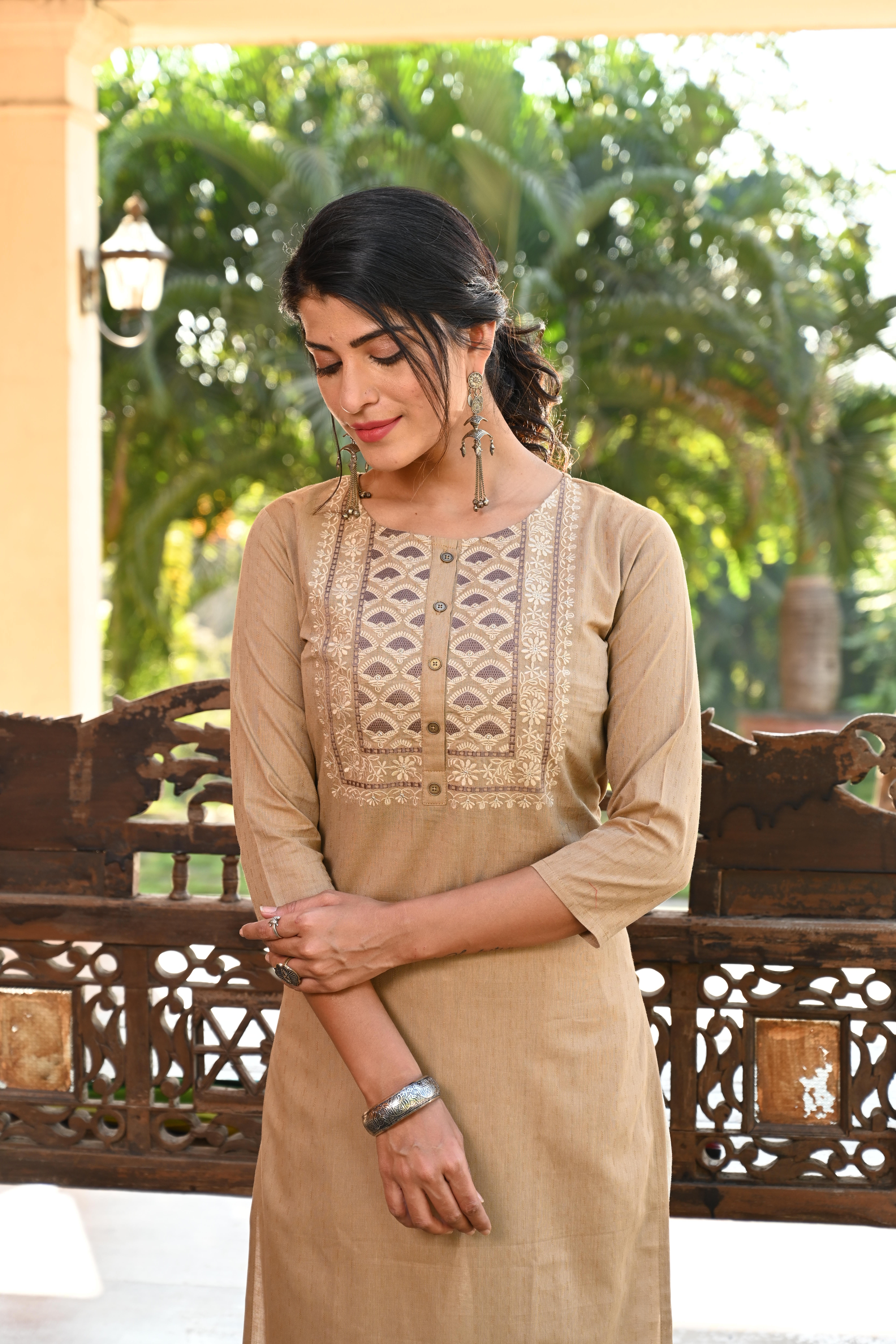 Chikoo Beige Kurta Pant Set For Women
