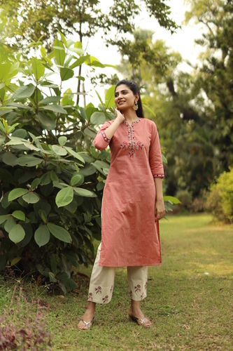 Peach Micro Embroidery Kurta Pant Set
