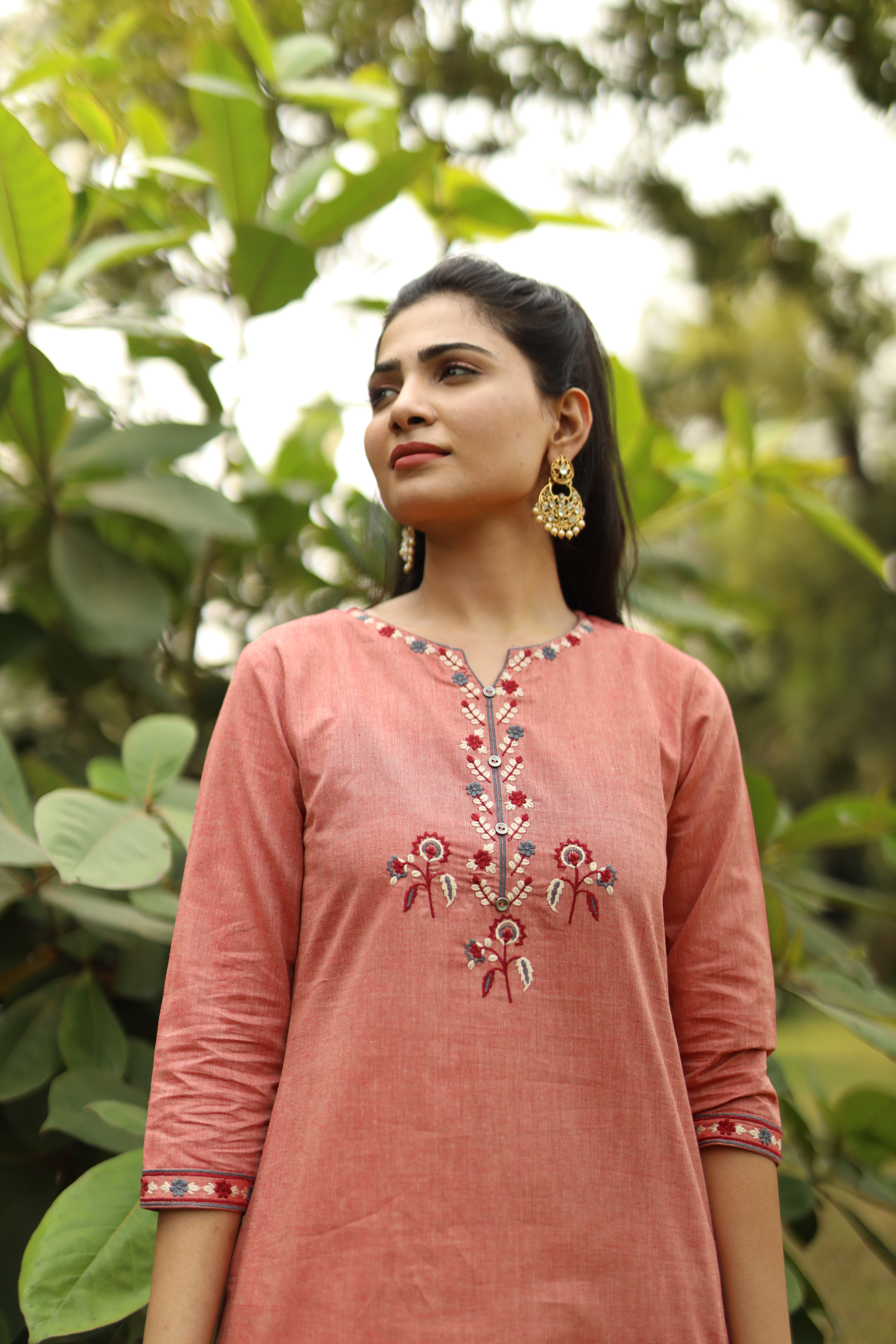 Peach Micro Embroidery Kurta Pant Set