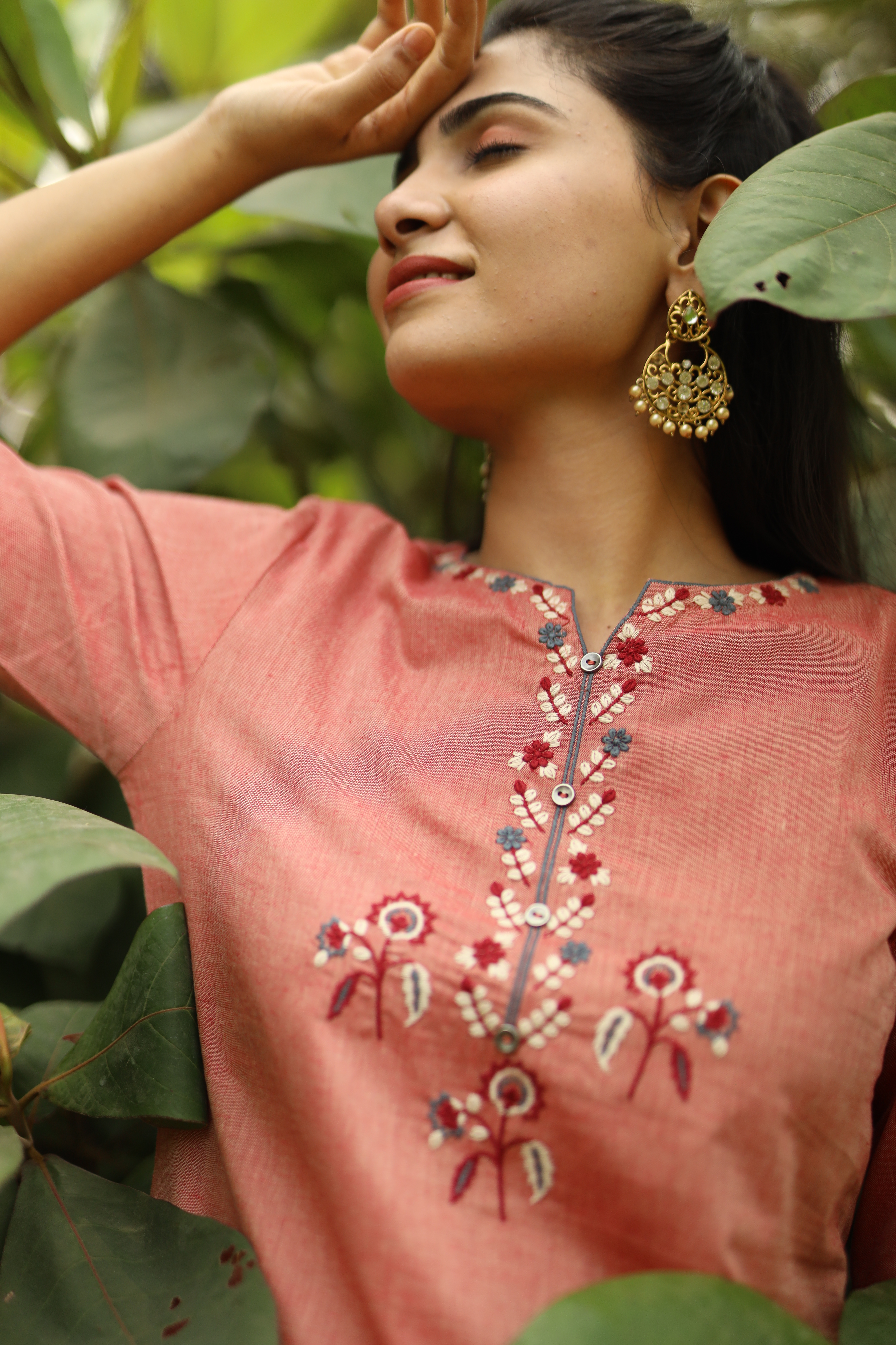 Peach Micro Embroidery Kurta Pant Set