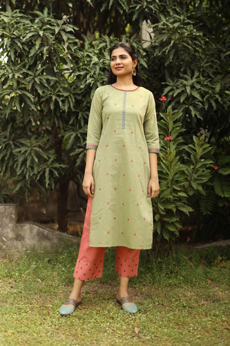 Cotton Kurta Pant Set - Cotton Fabric, Light Green, Sizes M, L, Xl, Xxl | Full Sleeves, Micro Embroidery, Washable, Casual Ethnic Wear