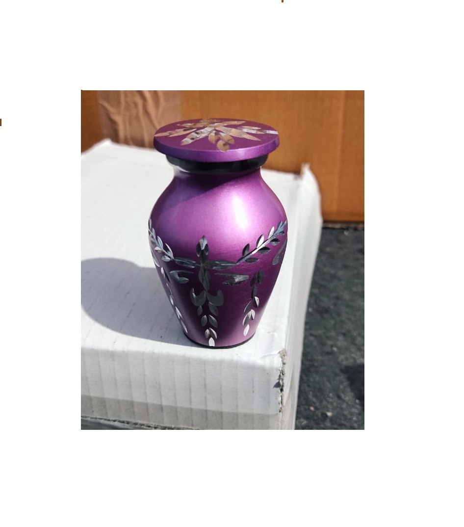 Aluminium Purple Diamond Cut Leaves Engraved Keepsake Urn