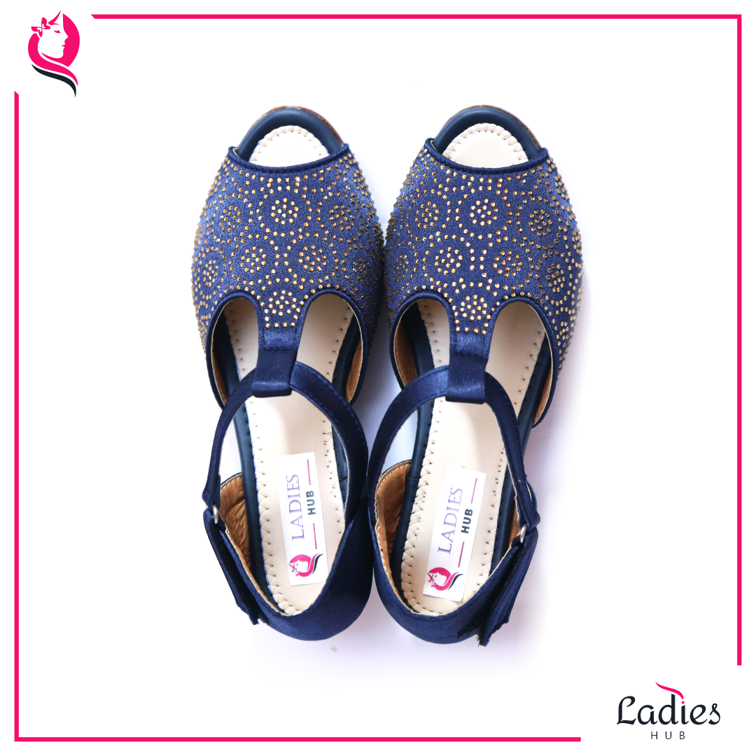 Ladies Hub Fancy Peep Toe Navy Blue Solid Wedge Ladies Sandal - Synthetic Leather, Size 37-41, Medium Heel, Slip-on Style | Soft Bottom Design, Perfect For All Occasions