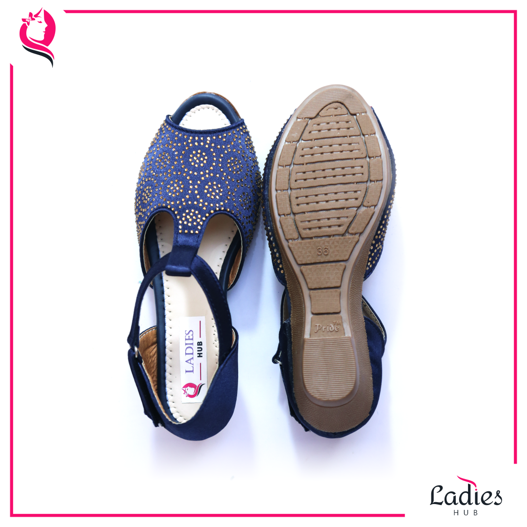 Ladies Hub Fancy Peep Toe Navy Blue Solid Wedge Ladies Sandal - Synthetic Leather, Size 37-41, Medium Heel, Slip-on Style | Soft Bottom Design, Perfect For All Occasions