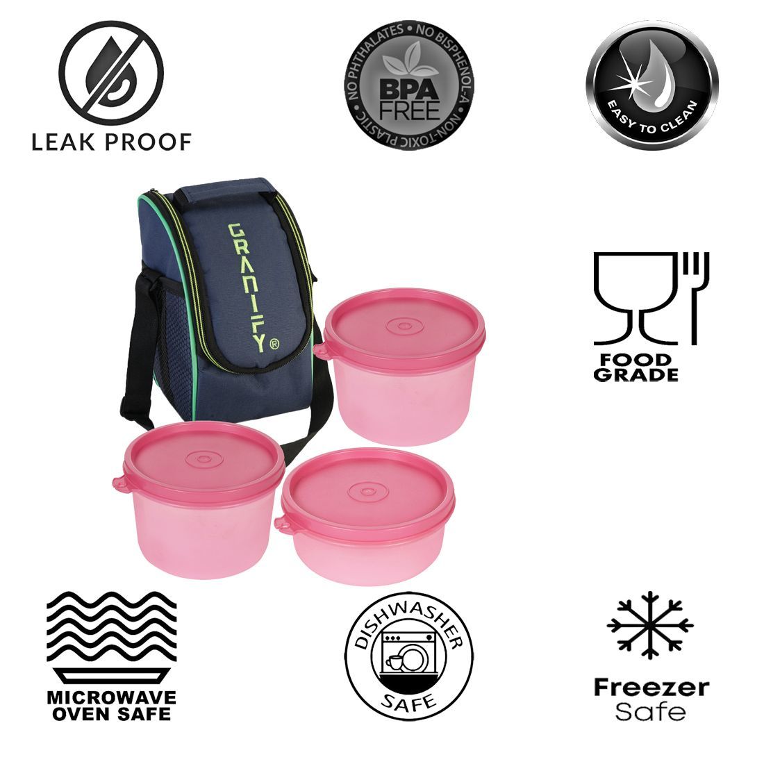 Lunch Box Gt-2001 - Plastic, 24 Cm, Pink | Includes 2 X 450 Ml & 1 X 300 Ml Round Containers, 1 Lunch Box Bag, Total 5 Pieces