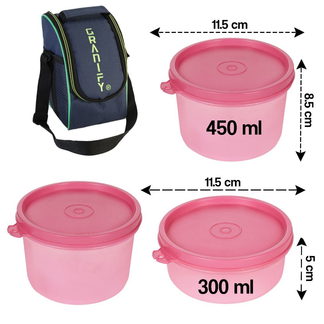 Lunch Box Gt-2001 - Plastic, 24 Cm, Pink | Includes 2 X 450 Ml & 1 X 300 Ml Round Containers, 1 Lunch Box Bag, Total 5 Pieces