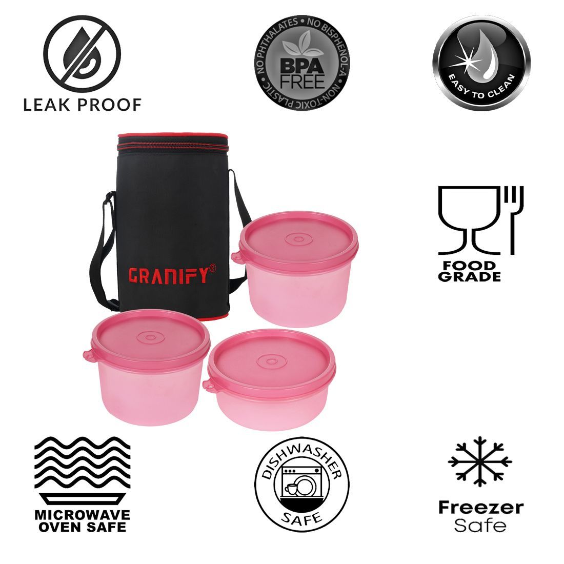 Lunch Box Gt-4001 - Plastic Material, 24 Cm Length, Pink Color | Includes 2 Pcs 450 Ml Round Containers, 1 Pc 300 Ml Round Container, Lunch Box Bag
