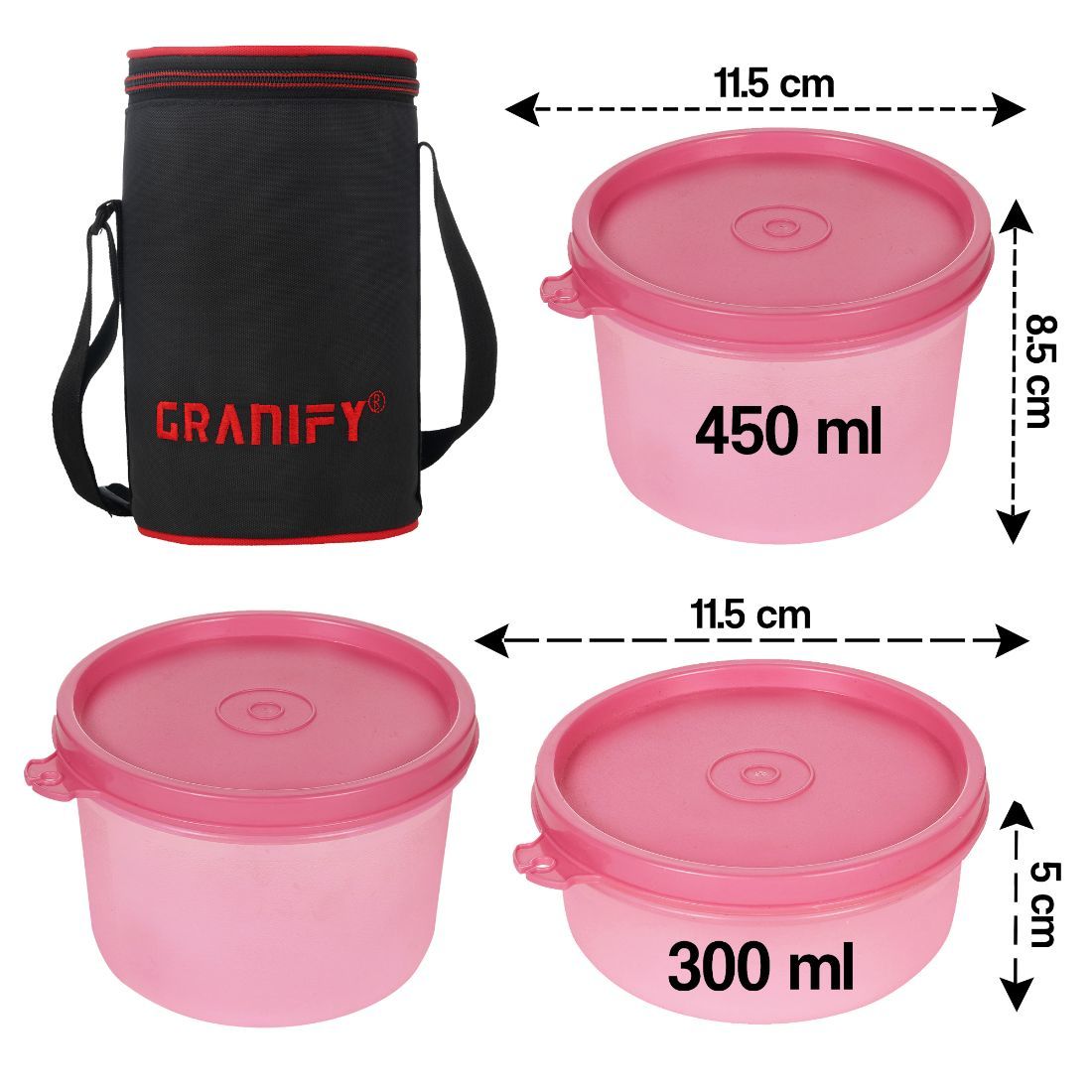 Lunch Box Gt-4001 - Plastic Material, 24 Cm Length, Pink Color | Includes 2 Pcs 450 Ml Round Containers, 1 Pc 300 Ml Round Container, Lunch Box Bag