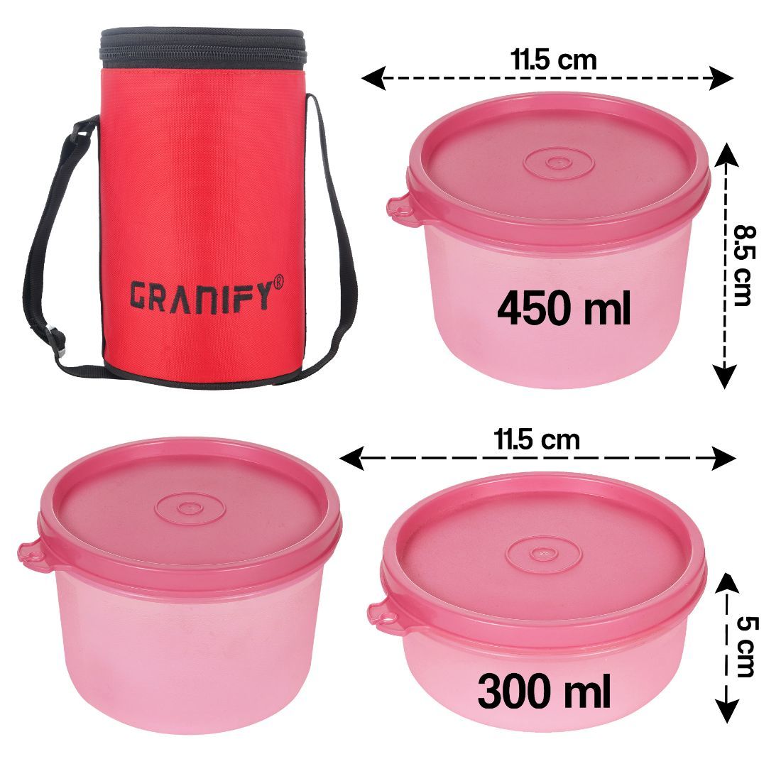 Lunch Box Gt-6001 - Plastic, 24 Cm Length, Color Pink | Includes 2 Round Containers (450 Ml) & 1 Container (300 Ml), Comes With Lunch Box Bag