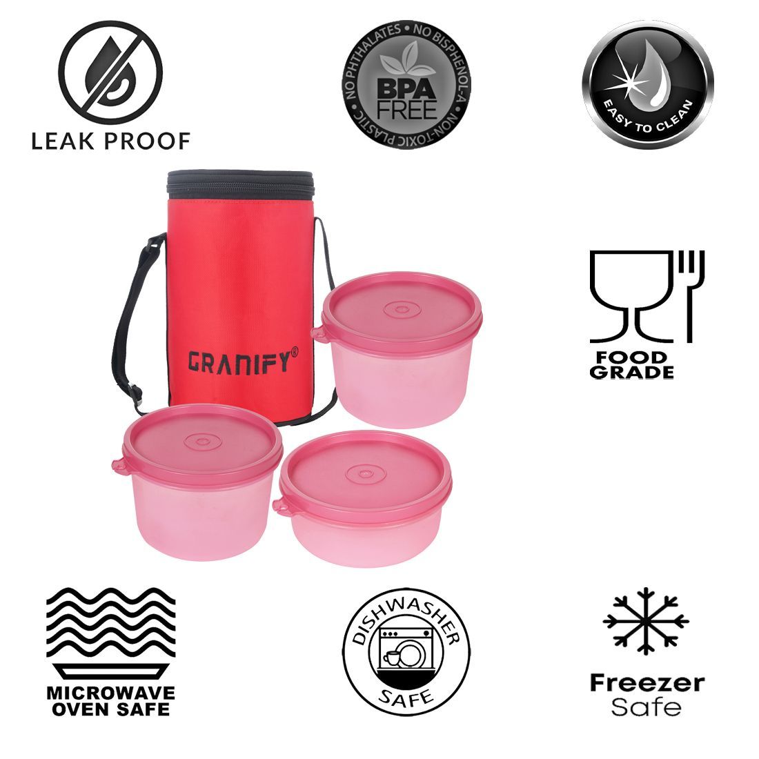 Lunch Box Gt-6001 - Plastic, 24 Cm Length, Color Pink | Includes 2 Round Containers (450 Ml) & 1 Container (300 Ml), Comes With Lunch Box Bag