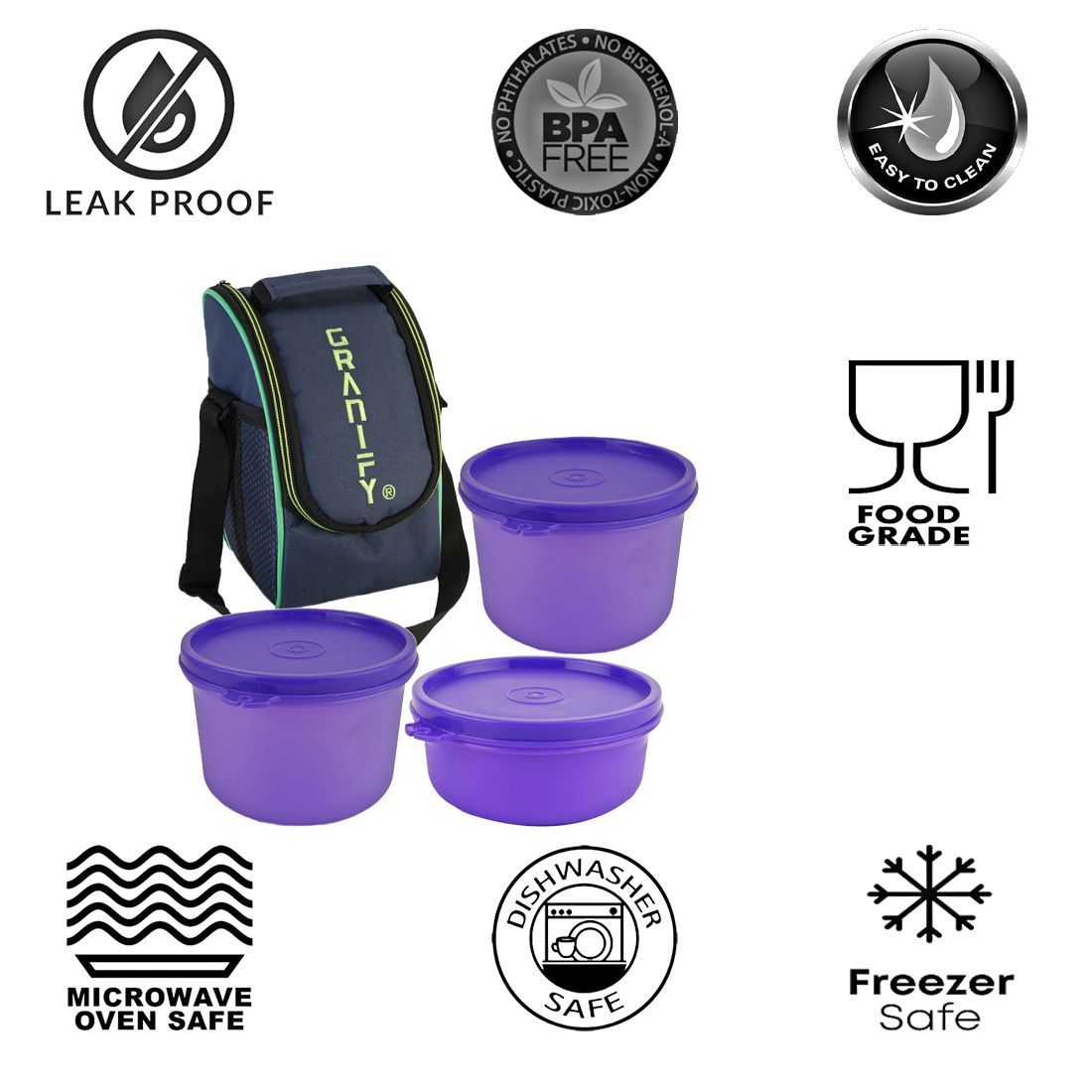 Lunch Box Gt-2002 - Plastic, 450 Ml & 300 Ml Round Containers (4 Pcs) | Purple, Lightweight Design, Convenient Lunch Bag Included