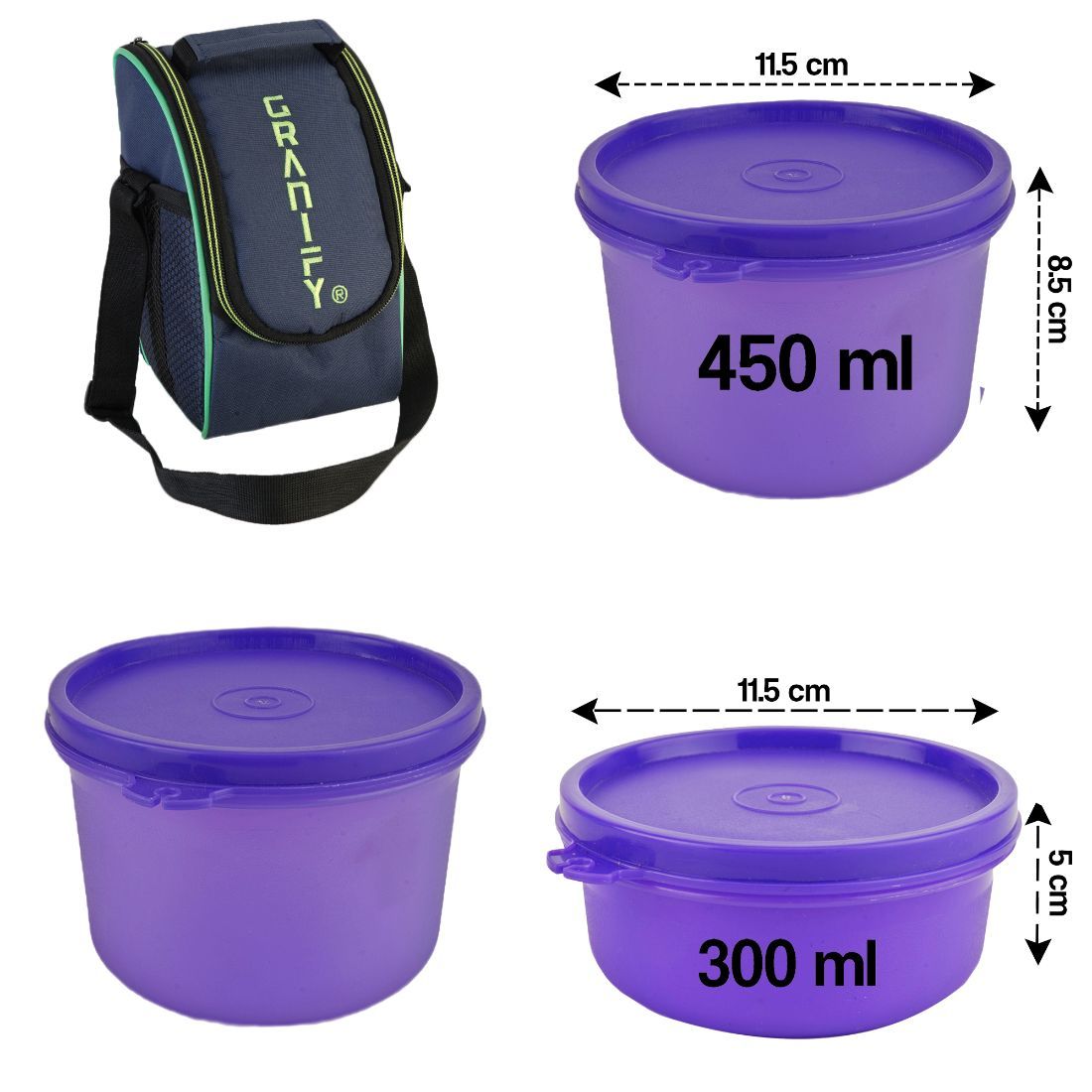 Lunch Box Gt-2002 - Plastic, 450 Ml & 300 Ml Round Containers (4 Pcs) | Purple, Lightweight Design, Convenient Lunch Bag Included