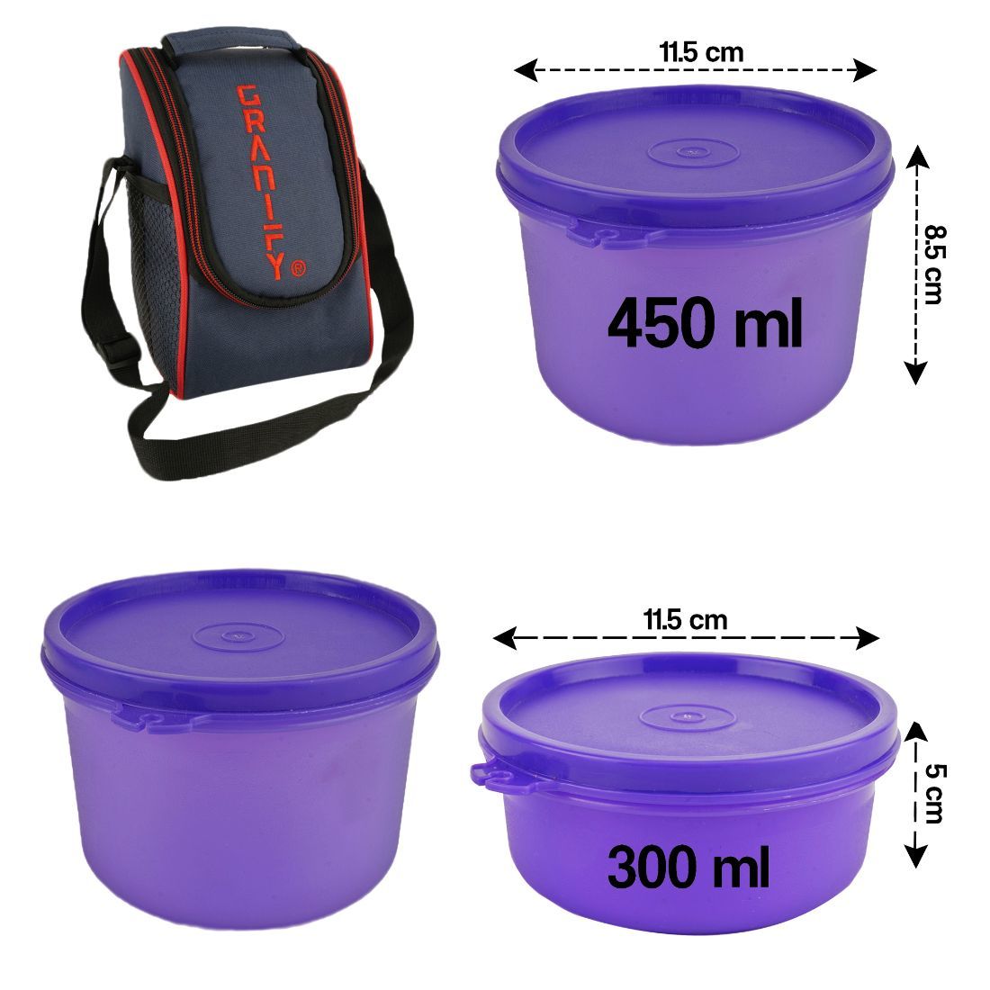 Lunch Box Gt-3002 - Plastic, 24 Cm Length, Purple Color | Includes 2 Round Containers 450 Ml, 1 Round Container 300 Ml, And Lunch Box Bag