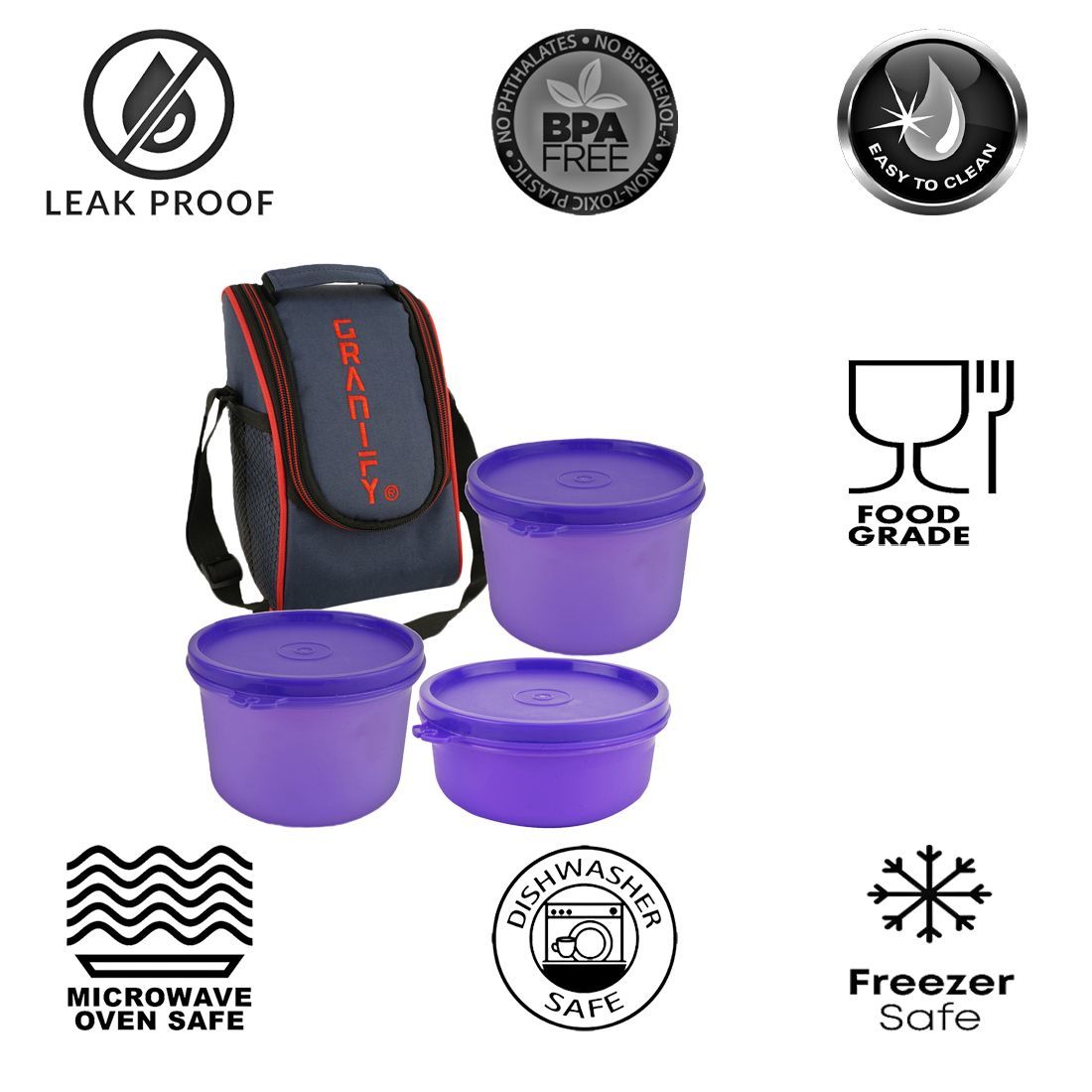 Lunch Box Gt-3002 - Plastic, 24 Cm Length, Purple Color | Includes 2 Round Containers 450 Ml, 1 Round Container 300 Ml, And Lunch Box Bag