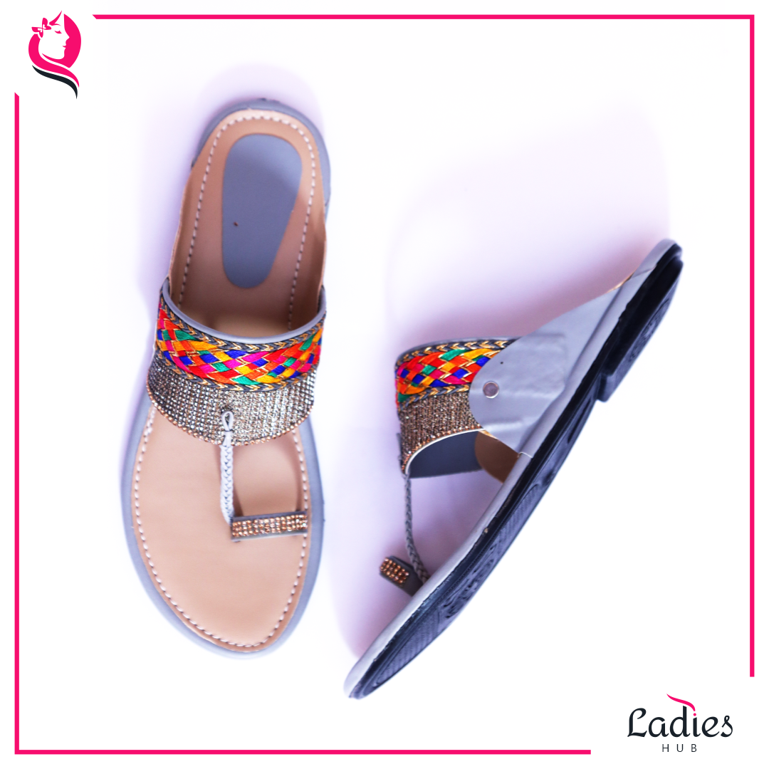 Kolhapuri Flat Chappals - Synthetic Leather, Sizes 37 To 41, Grey | Slip-on Style, Embroidery Design, Comfortable Tpr Outsole For Women