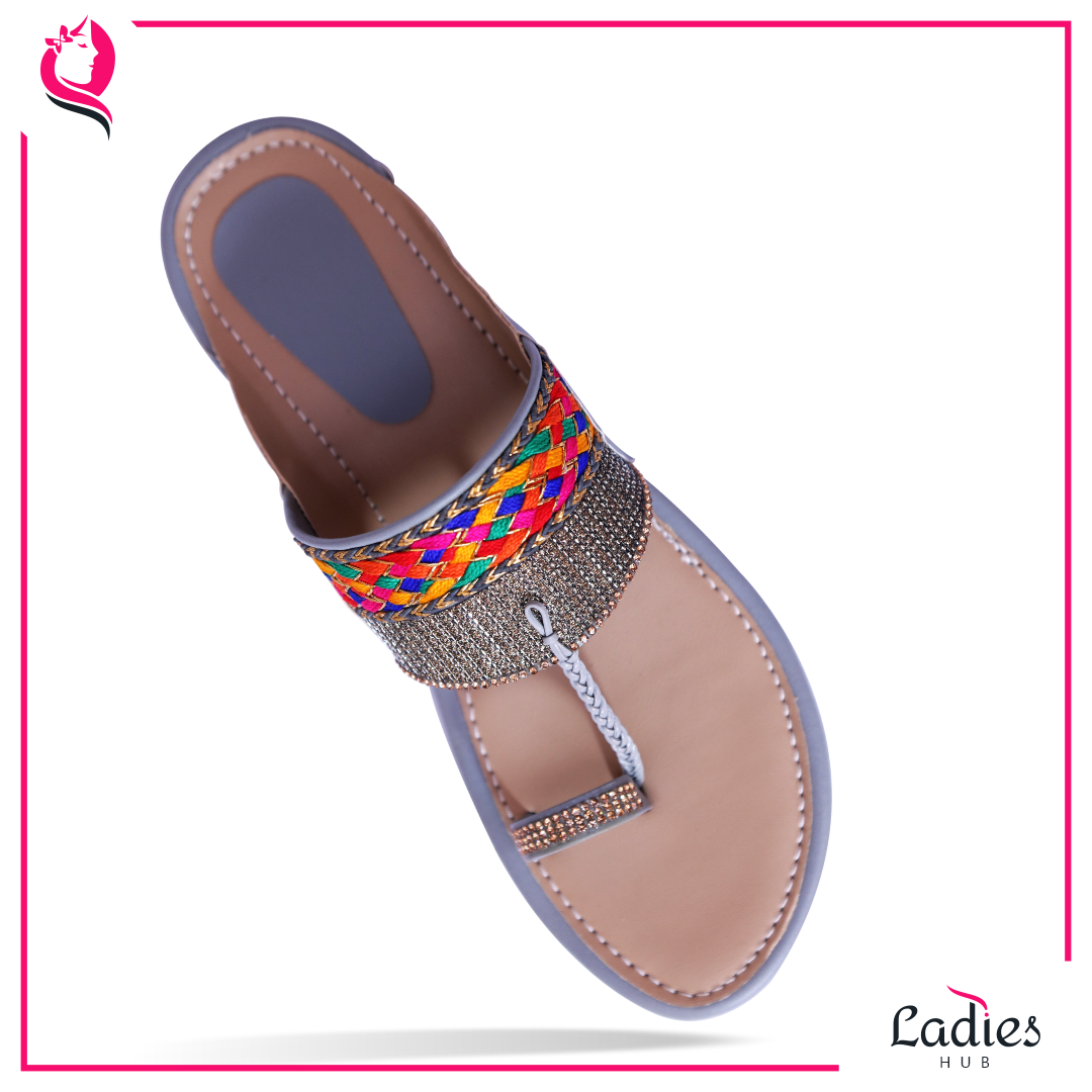 Kolhapuri Flat Chappals - Synthetic Leather, Sizes 37 To 41, Grey | Slip-on Style, Embroidery Design, Comfortable Tpr Outsole For Women