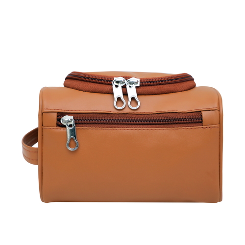 Flyit Cosmetic Pouch - Artificial Leather, 15x7x7 CM, Tan | Portable Design, Space-Saving Hook, Organized Travel Companion for Makeup Essentials