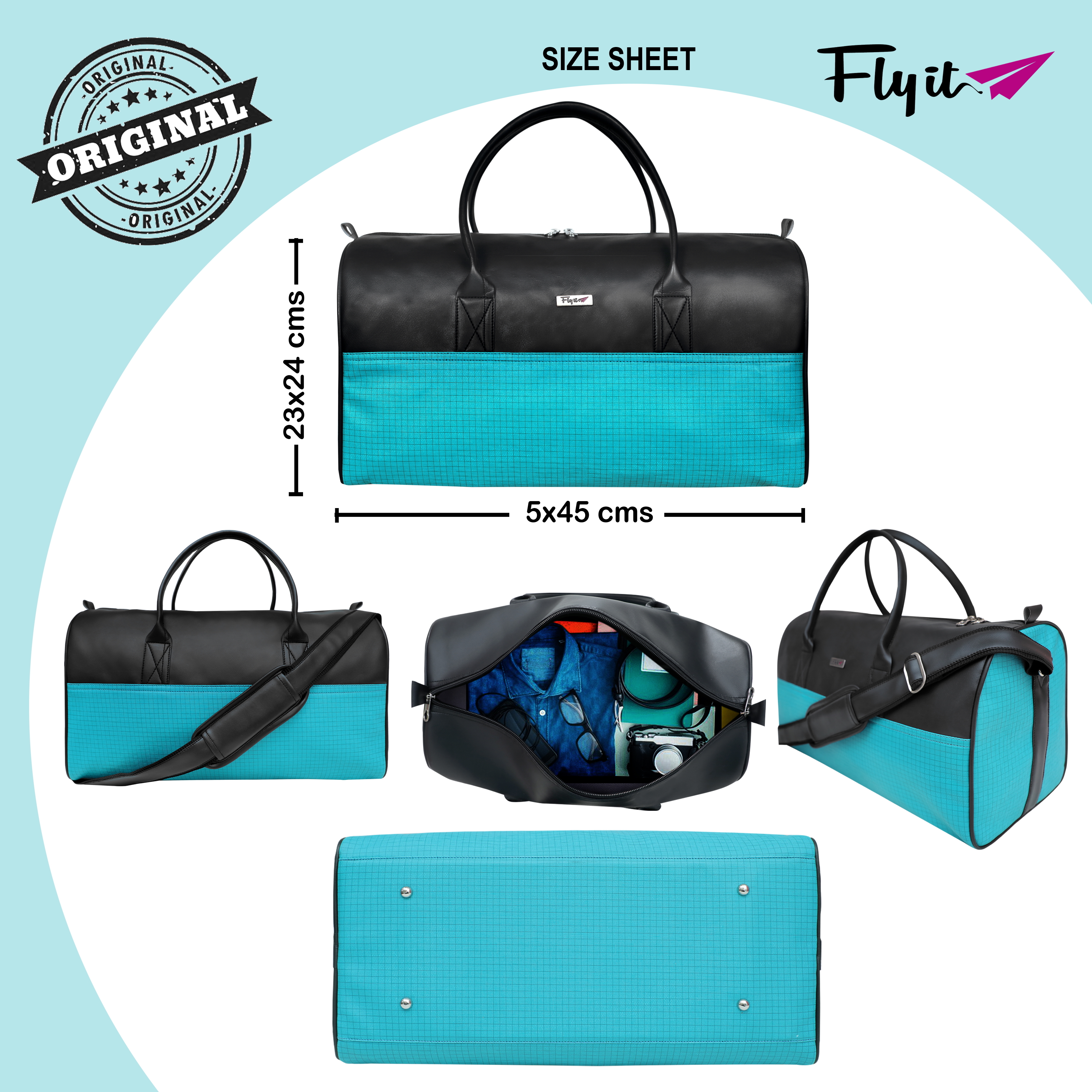 Stylish Leatherette Duffle Bag - 45x23x24 Cm, Aqua Color, 25 Liter Capacity, Customized Design, Strong Zips And Handles