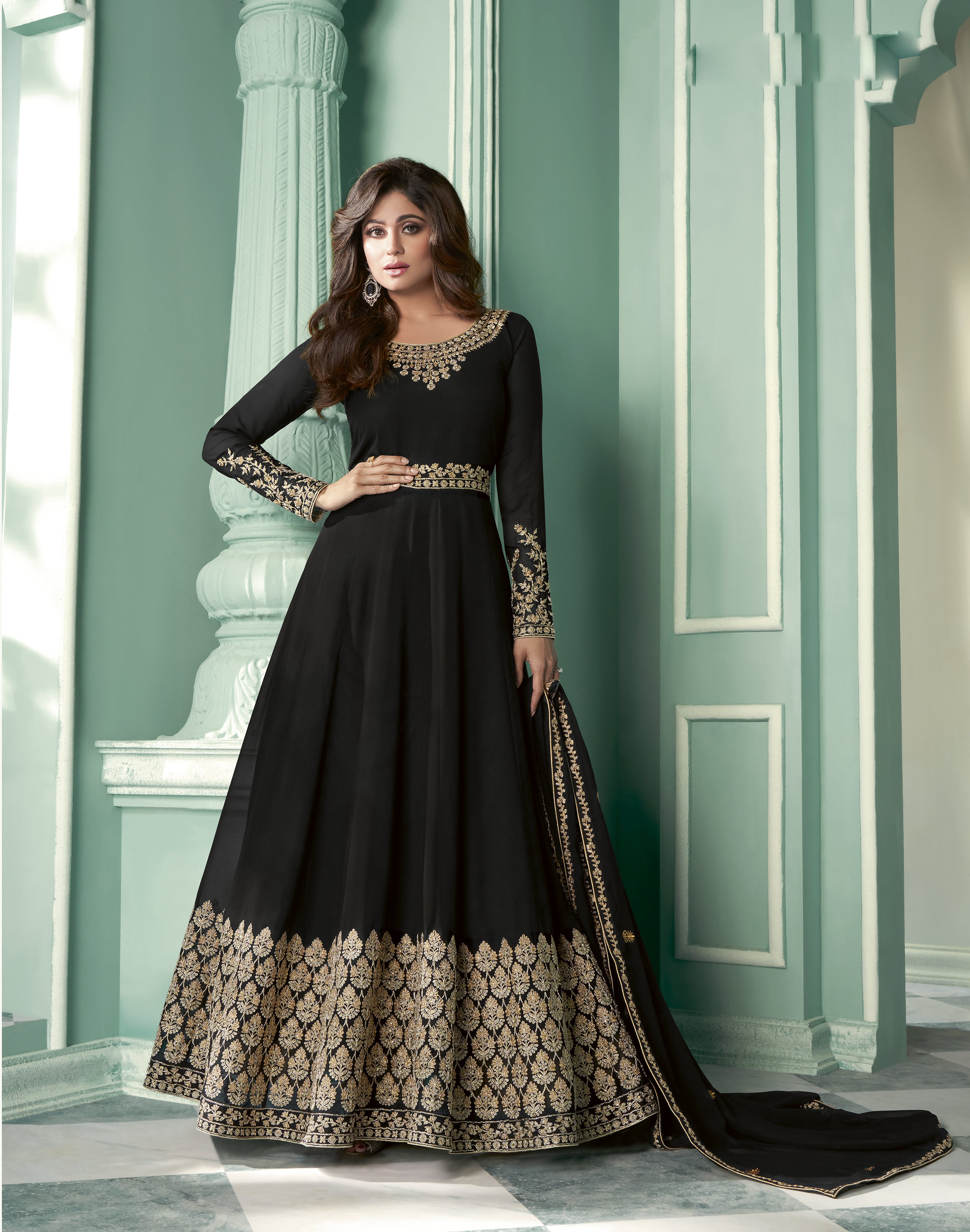 Teal Blue Faux Georgette Suits