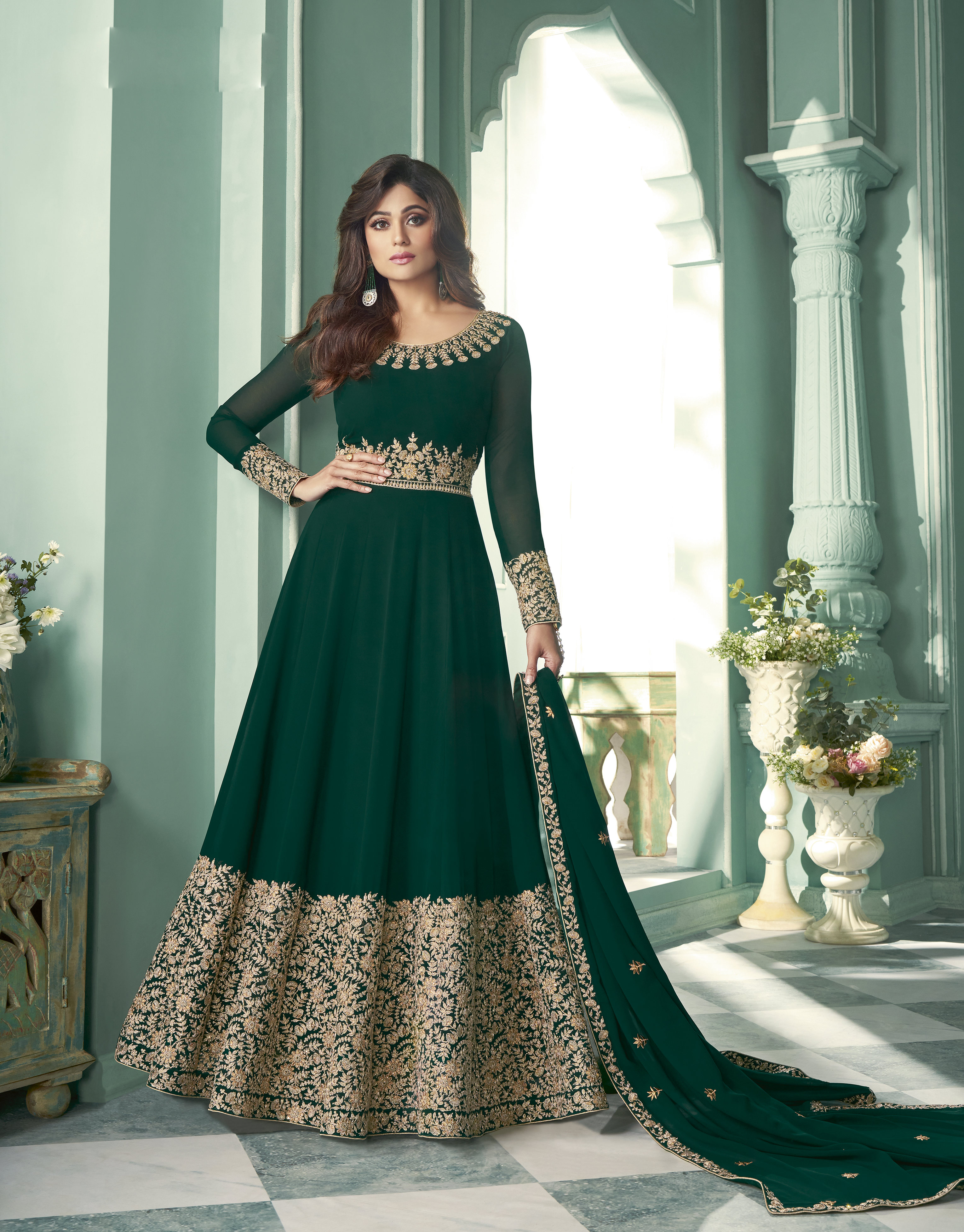 Teal Blue Faux Georgette Suits