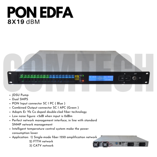 PON EDFA - Double-Clad Fiber Technology, SC I PC Input (Blue) & SC I APC Output (Green), Low Noise <5dB, 8-Port Hub, Intelligent Temperature Control System
