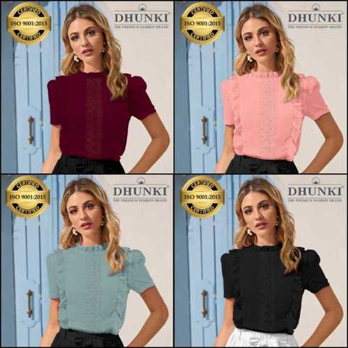 Ladies Tops - Ajanta Fabric (95% Polyester, 5% Spandex), Size M (36) & XL (40), 1/4 Sleeve, Lace Work Design, Available in 4 Colors