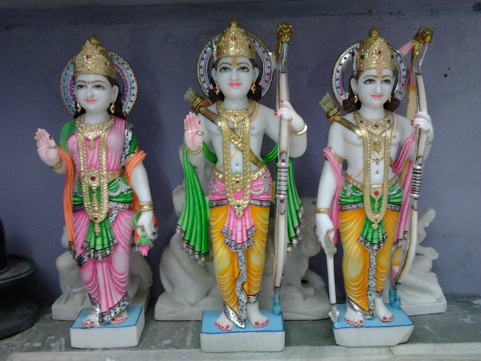 Marble Ram Darbar Statue - Marble, Intricately Painted Design | Indian Religious Art Theme, Hinduism Inspired