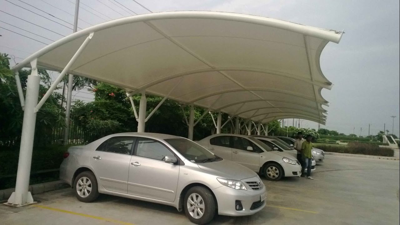 Car Parking Tensile Structure - Steel Frame, Aluminum Sheet Roof, White Color | Ideal For House Use