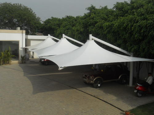 Car Parking Tensile Structure - Steel Frame, Aluminum Sheet Roof, White Color | Ideal For House Use